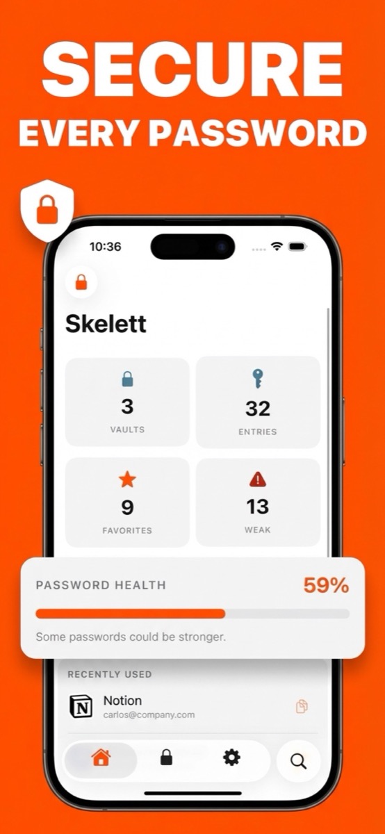 Skelett home screen showing vaults, entries and password health